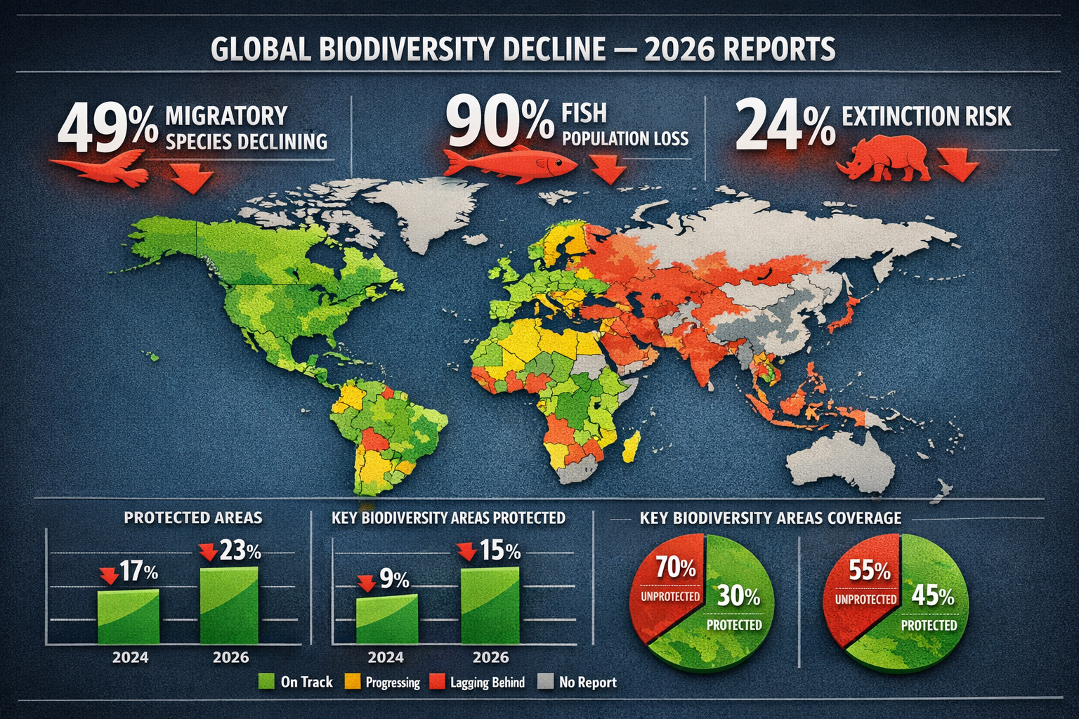 Striking () data visualization image showing global biodiversity decline statistics from 2026 reports. Central world map