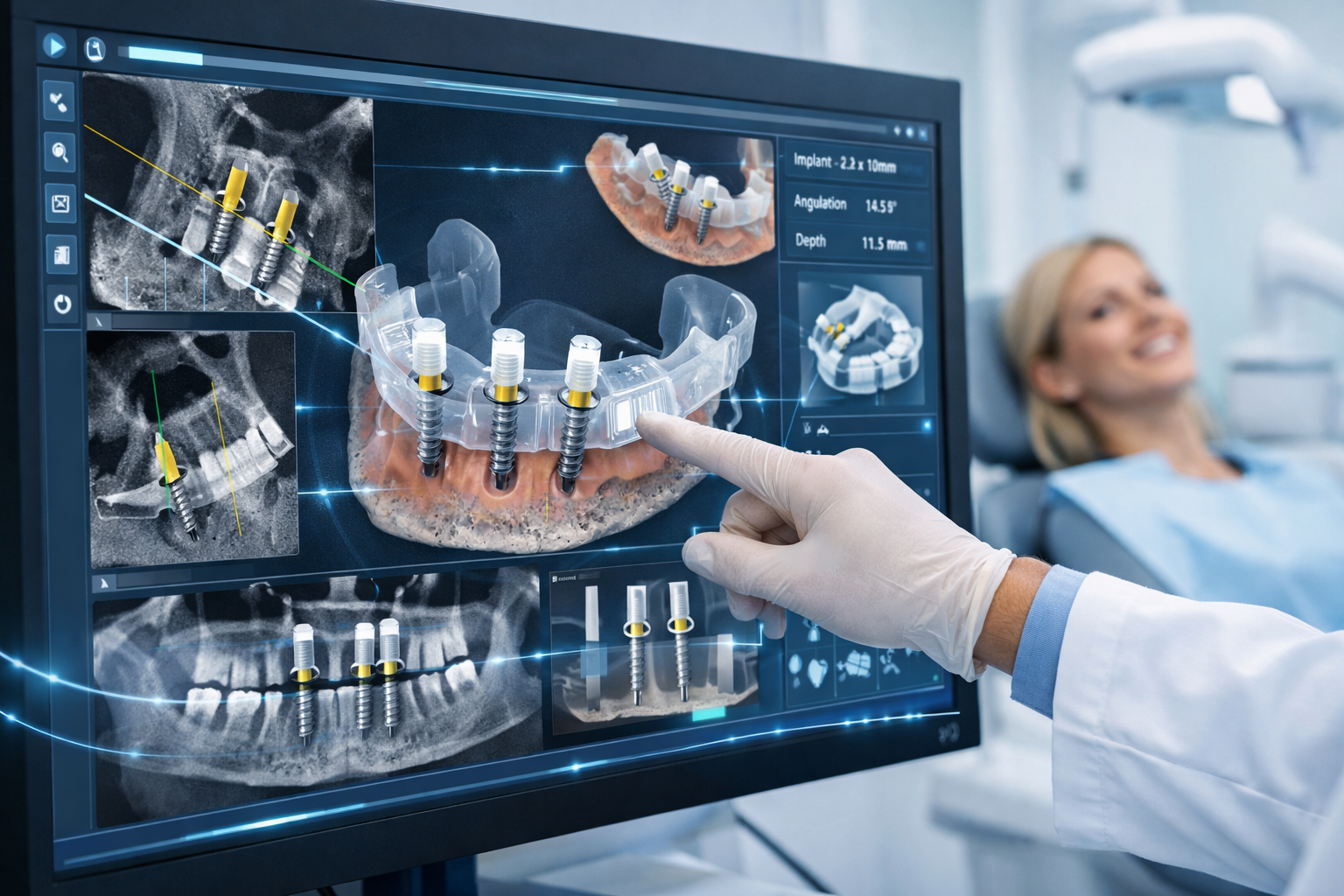 A close-up, high-definition landscape image () showcasing a dental professional interacting with a large, interactive screen