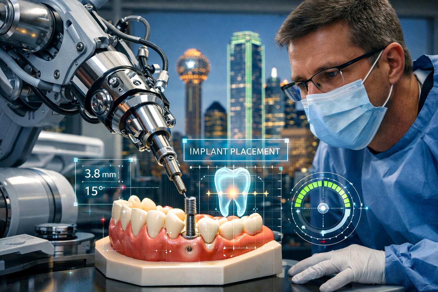A dynamic landscape shot () featuring a robotic arm gently and precisely positioning a dental implant into a dental model,