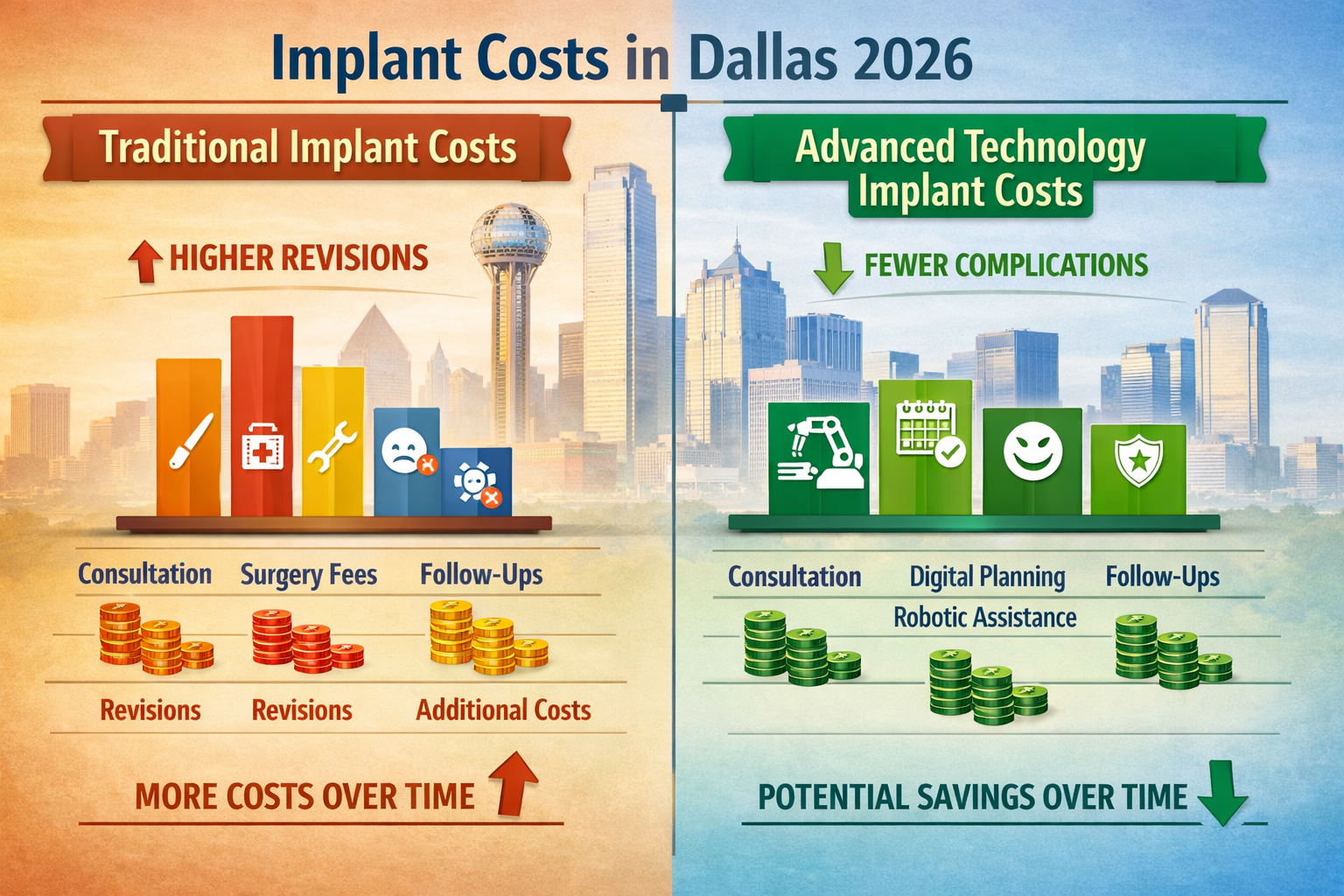 An infographic-style landscape image () contrasting 'Traditional Implant Costs' vs. 'Advanced Technology Implant Costs' in
