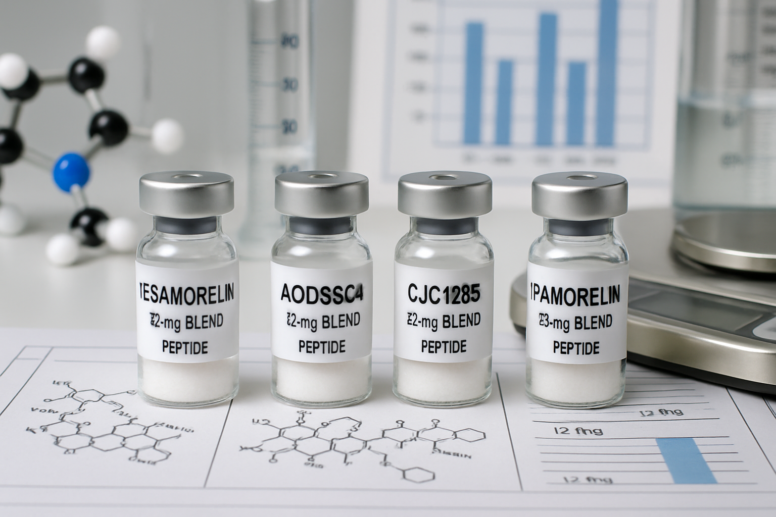 Laboratory vials containing tesa, AOD9604, CJC1295, and ipamorelin peptides arranged on sterile research bench with molecular structu