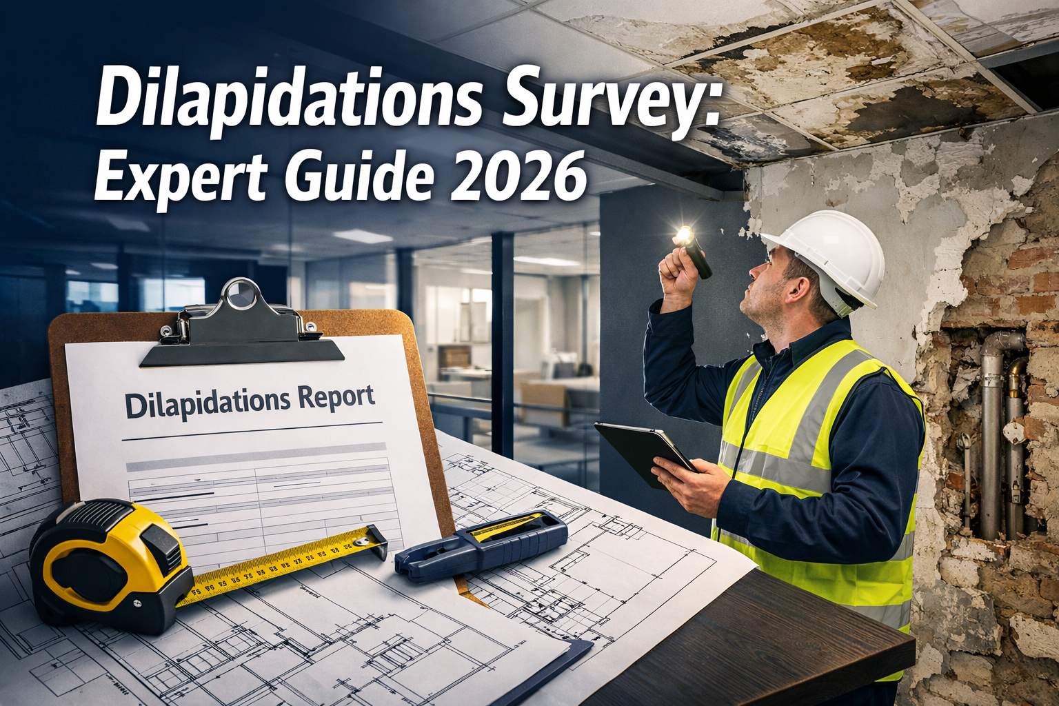 Professional landscape format (1536x1024) hero image with bold text overlay 'Dilapidations Survey: Expert Guide 2026' in extra large 72pt wh