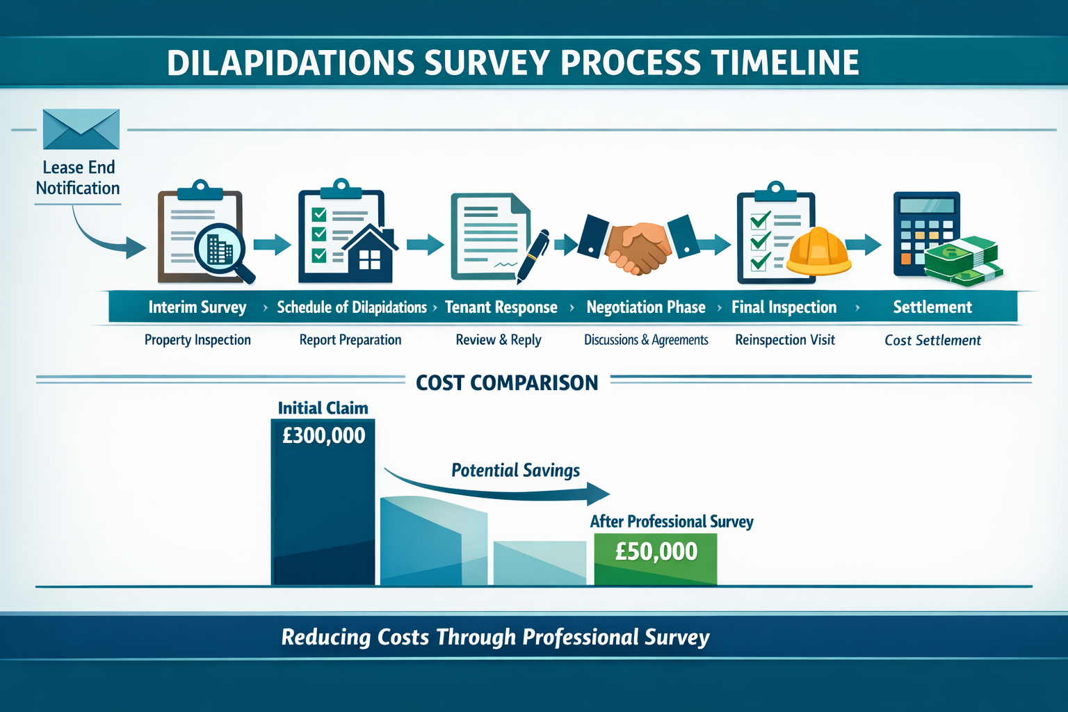 Comprehensive landscape format (1536x1024) infographic illustrating dilapidations survey process timeline from lease end notification to fin