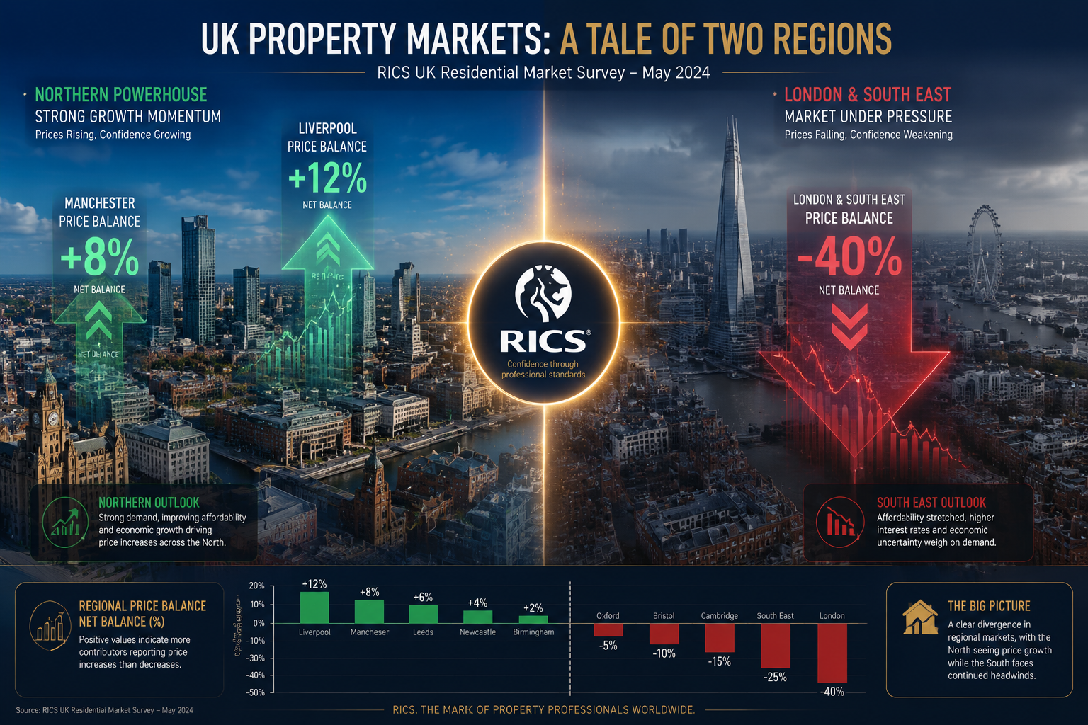 Wide-angle aerial photograph of contrasting UK regional property markets: vibrant Northern city skyline