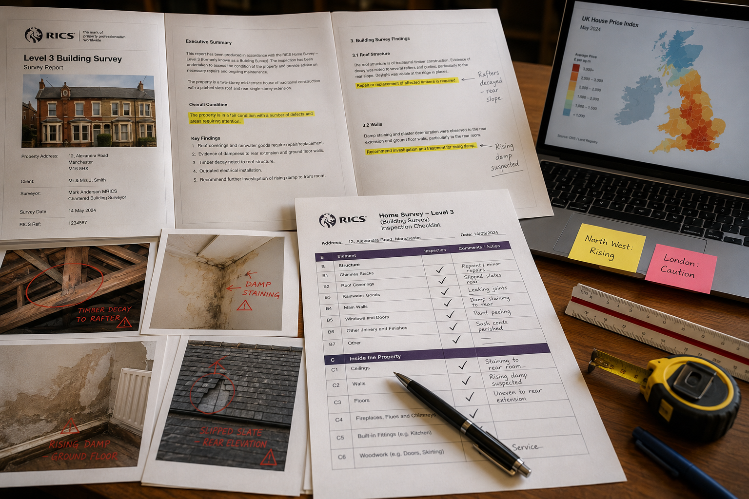 Close-up overhead shot of a building surveyor's desk with Level 3 full building survey report documents spread open,