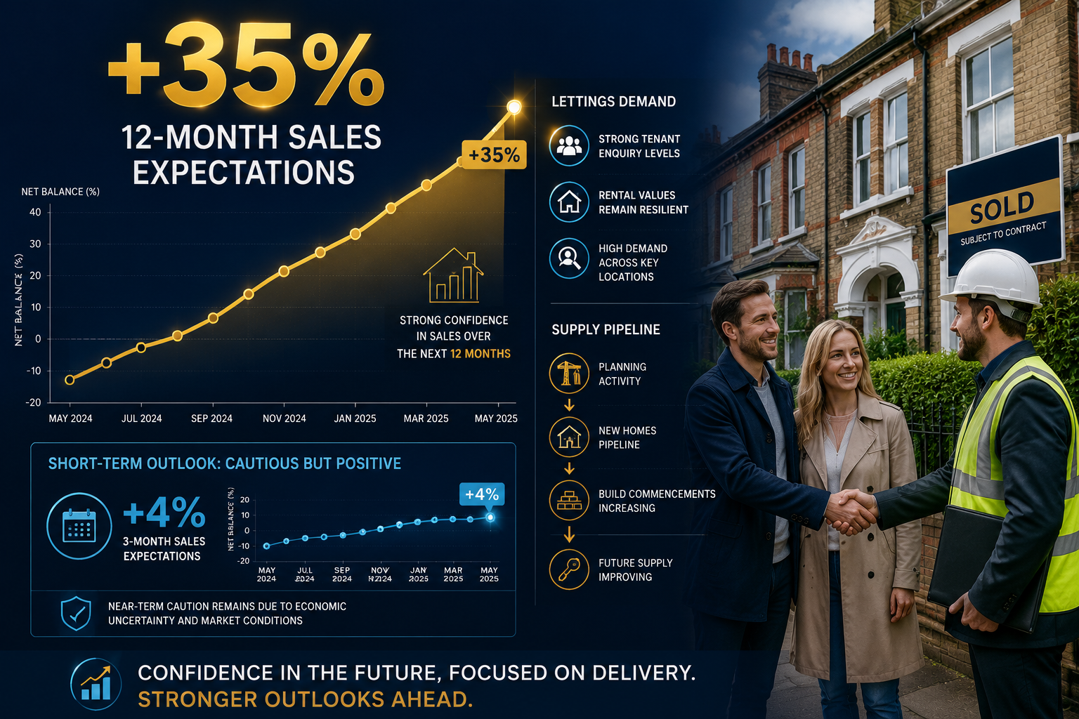Dynamic upward-trending confidence graph visualization: '+35% 12-month sales expectations' annotation in gold text floating