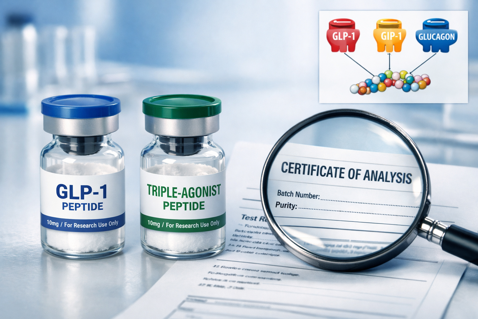 Detailed () image showing a close-up comparison scene of two research peptide vials side by side on a laboratory countertop,