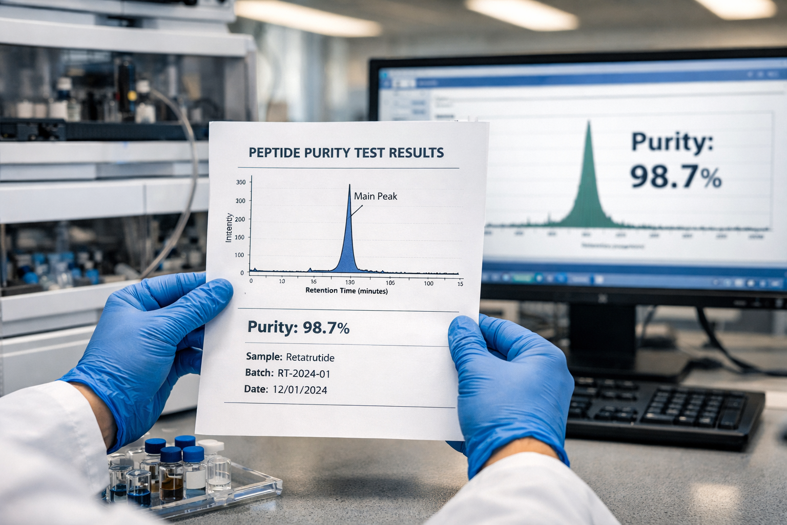 Detailed () image depicting a researcher's hands wearing blue nitrile gloves carefully examining a peptide purity test