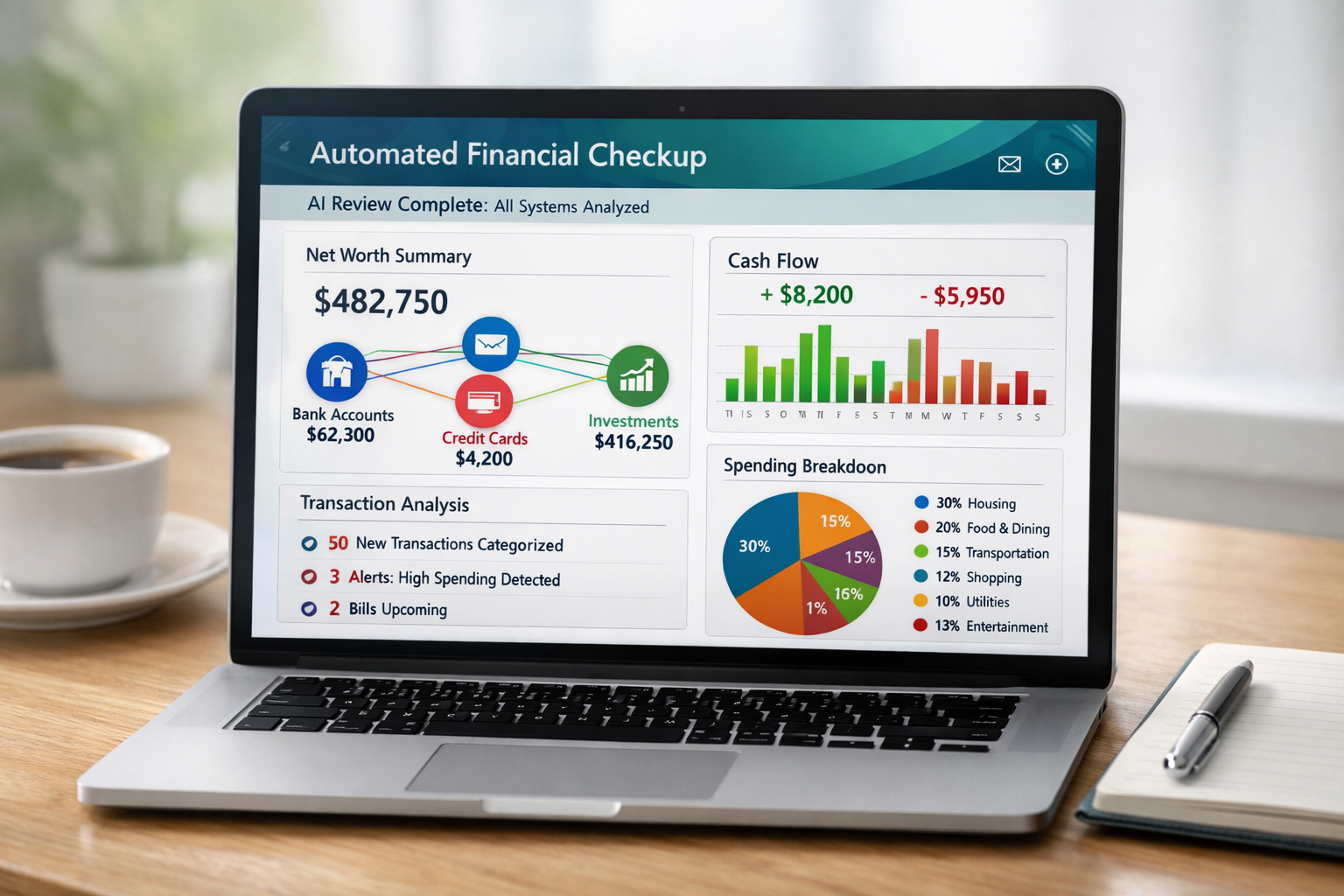 Landscape format (1536x1024) editorial image showing AI-powered financial dashboard on laptop screen with automated checkup results displaye