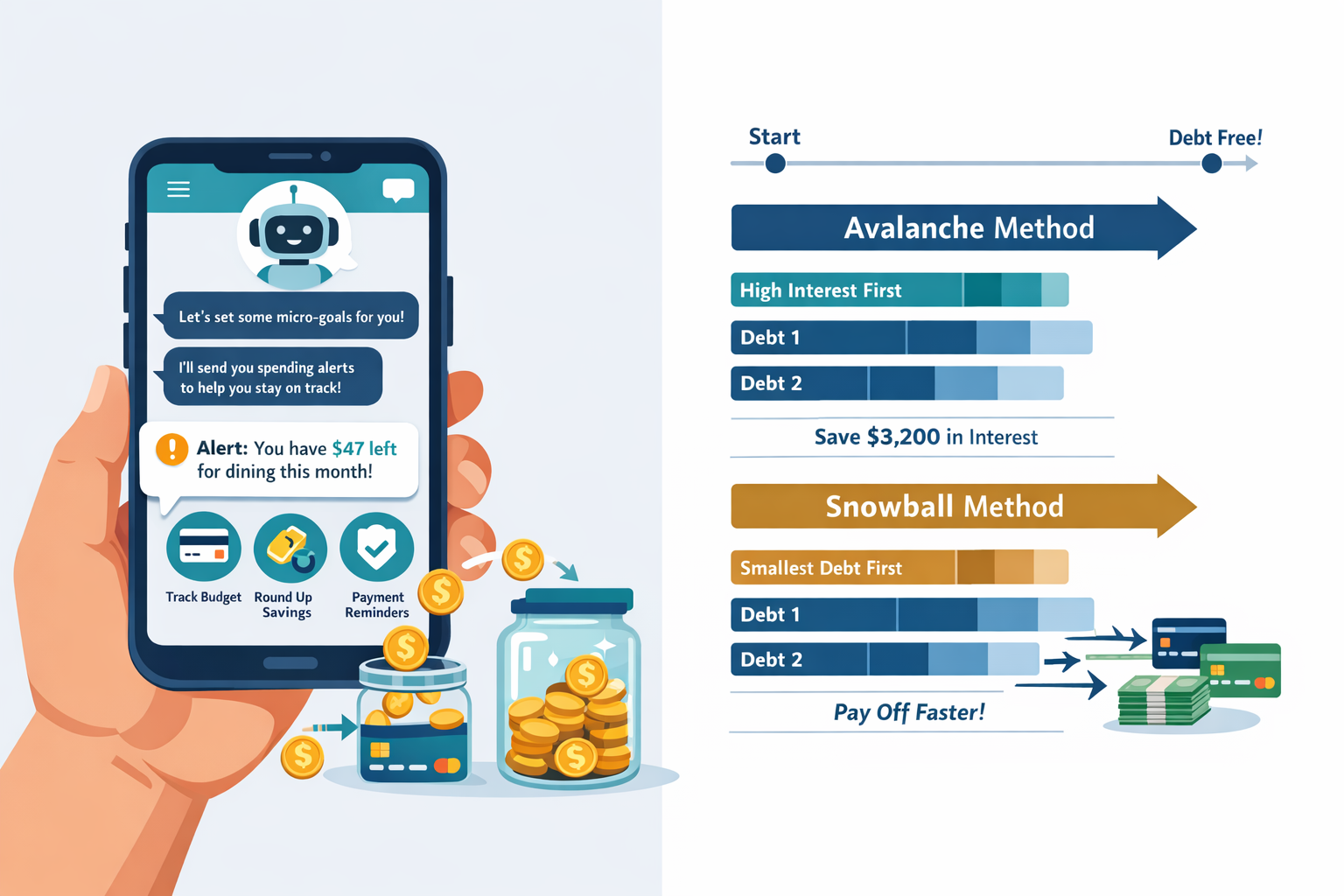 Landscape format (1536x1024) conceptual illustration showing AI analyzing spending patterns and debt reduction strategies. Split-screen comp