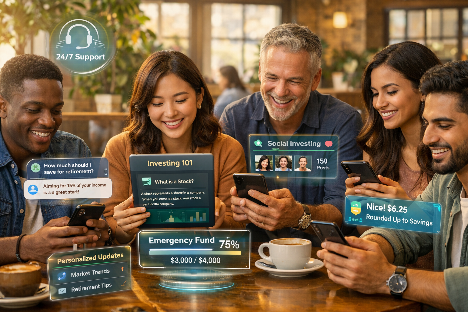 Landscape format (1536x1024) warm, encouraging image showing diverse group of people using smartphones and tablets with AI financial tools i