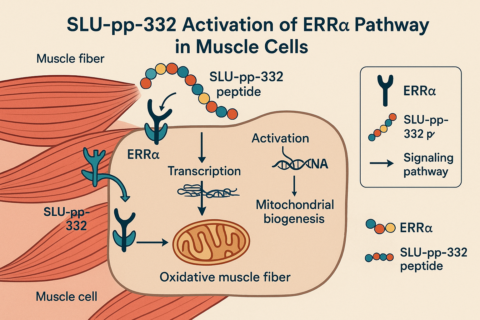 A highly detailed infographic illustrating the molecular structure and target interactions of SLU-pp-332, depicting its mechanism of action