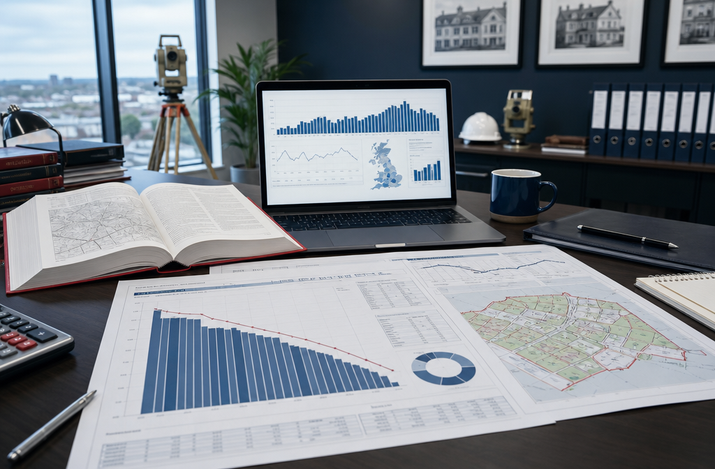 Wide-angle interior shot of a formal surveyor's office desk with printed RICS survey charts showing downward net balance