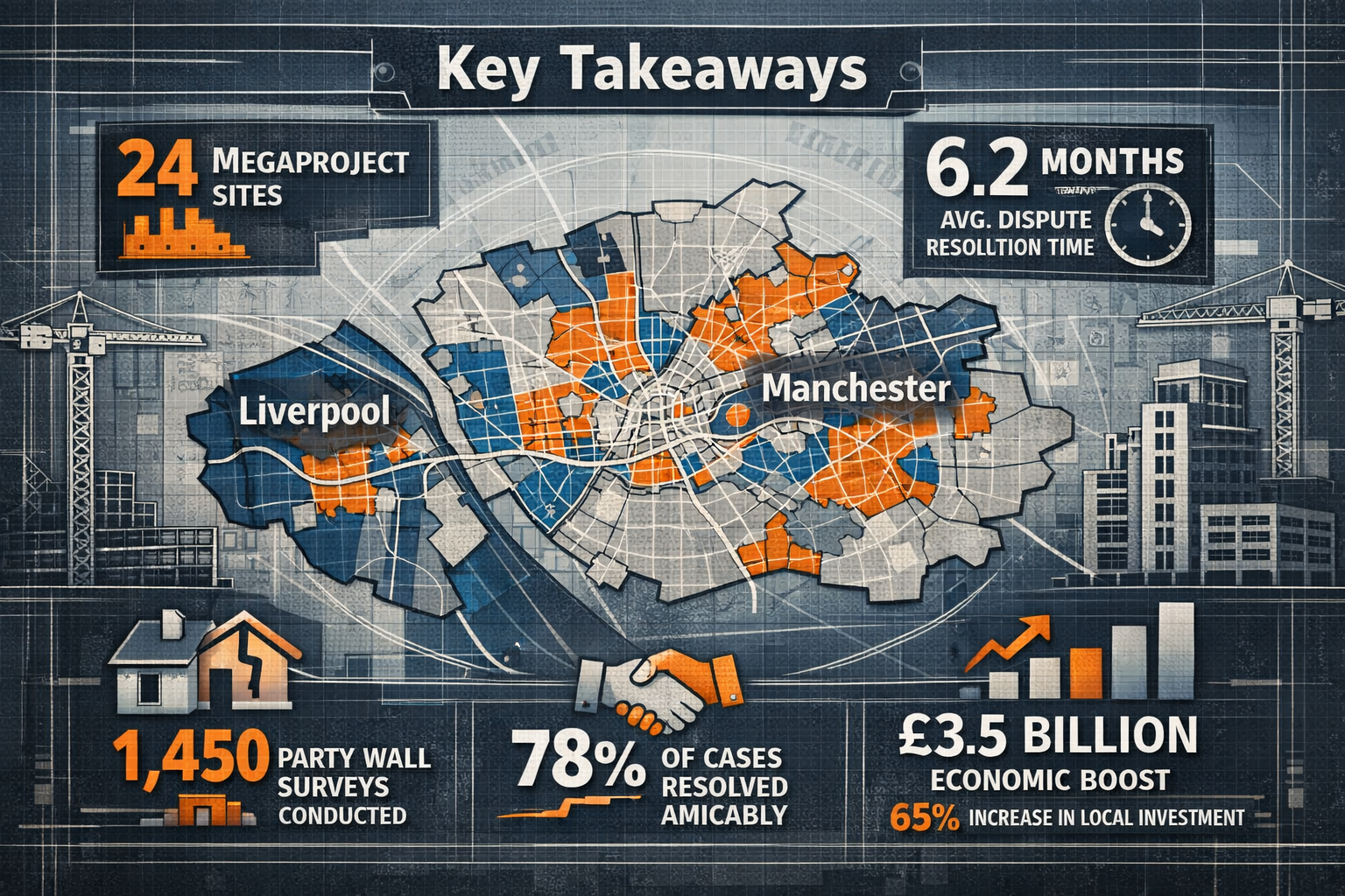 Infographic-style landscape overview for 'Key Takeaways' section featuring architectural blueprint-inspired background with