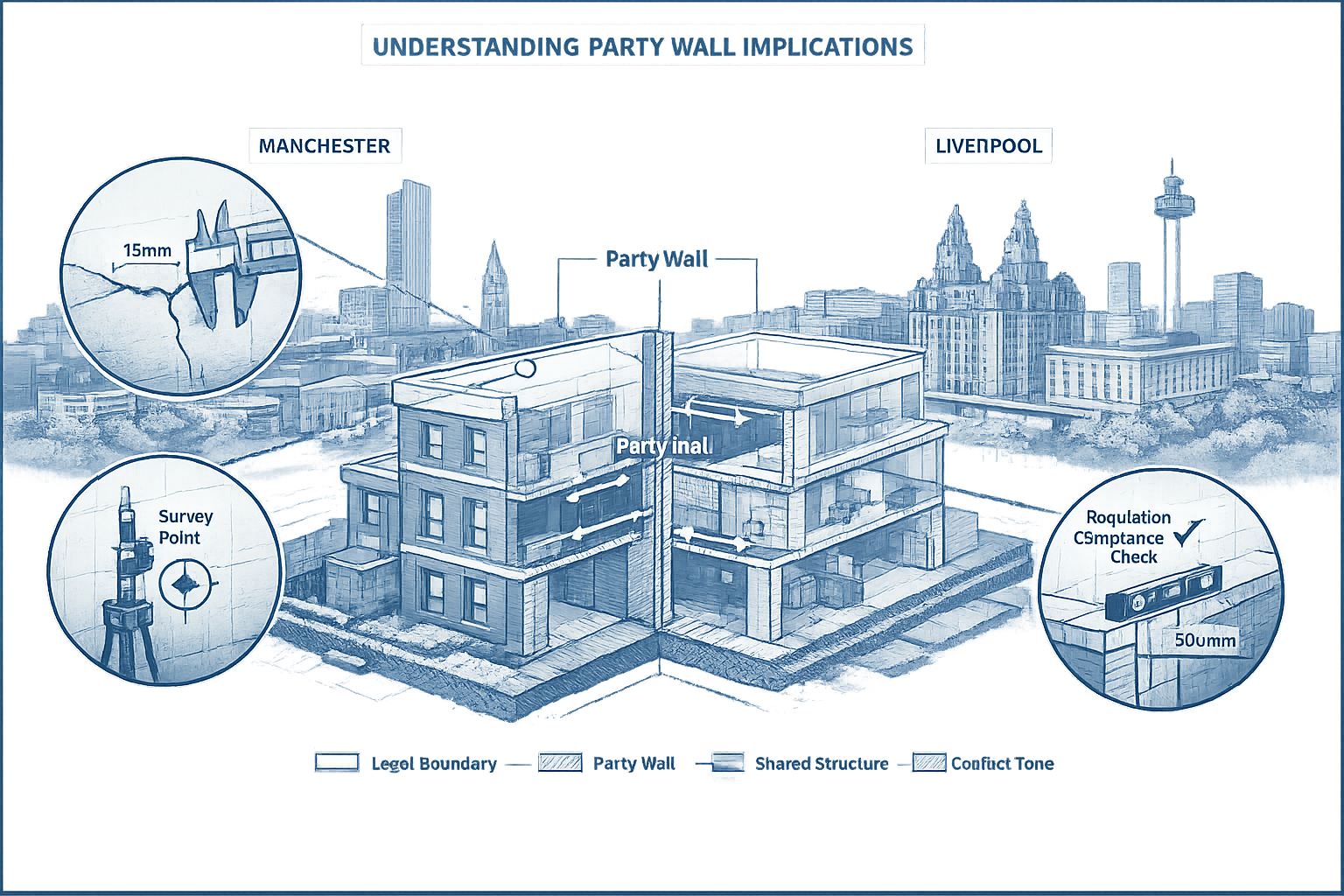 Technical architectural visualization for 'Understanding Party Wall Implications' section depicting a cross-sectional urban