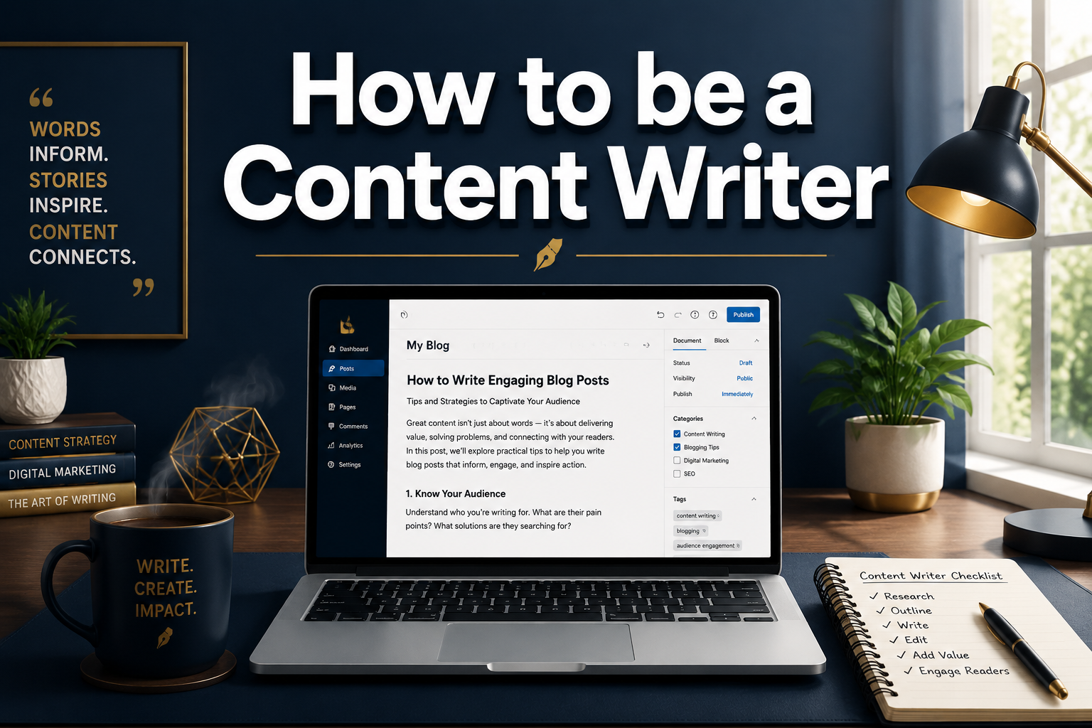 Digital illustration, graphic design style, Professional landscape format (1536x1024) hero image with bold text overlay: 'How to be a Content Writer' in extra large 72pt white bold sans-serif font with dark drop shadow, centered in upper third. Background shows a clean modern home office desk with an open laptop displaying a blog article draft, a steaming coffee mug, a spiral notebook with handwritten notes, and soft natural window light. Color scheme: deep navy blue, warm white, and gold accents. Magazine cover aesthetic, editorial quality, high contrast composition.