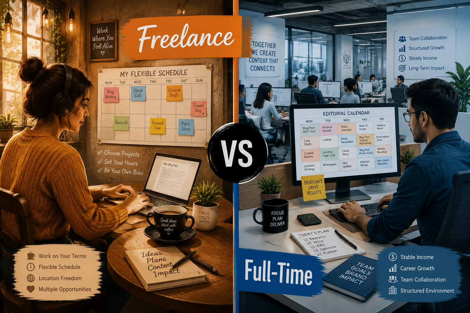 Digital illustration, graphic design style, Detailed landscape format (1536x1024) split-screen comparison image showing freelance versus full-time content writer work environments. Left side: a freelance writer at a cozy cafe table with laptop, headphones, and flexible schedule calendar pinned to wall. Right side: a full-time writer at a corporate open-plan office desk with team members in background and editorial calendar on monitor. Bold dividing line down center with 'Freelance vs Full-Time' label. Warm amber and cool blue tones, editorial magazine style.