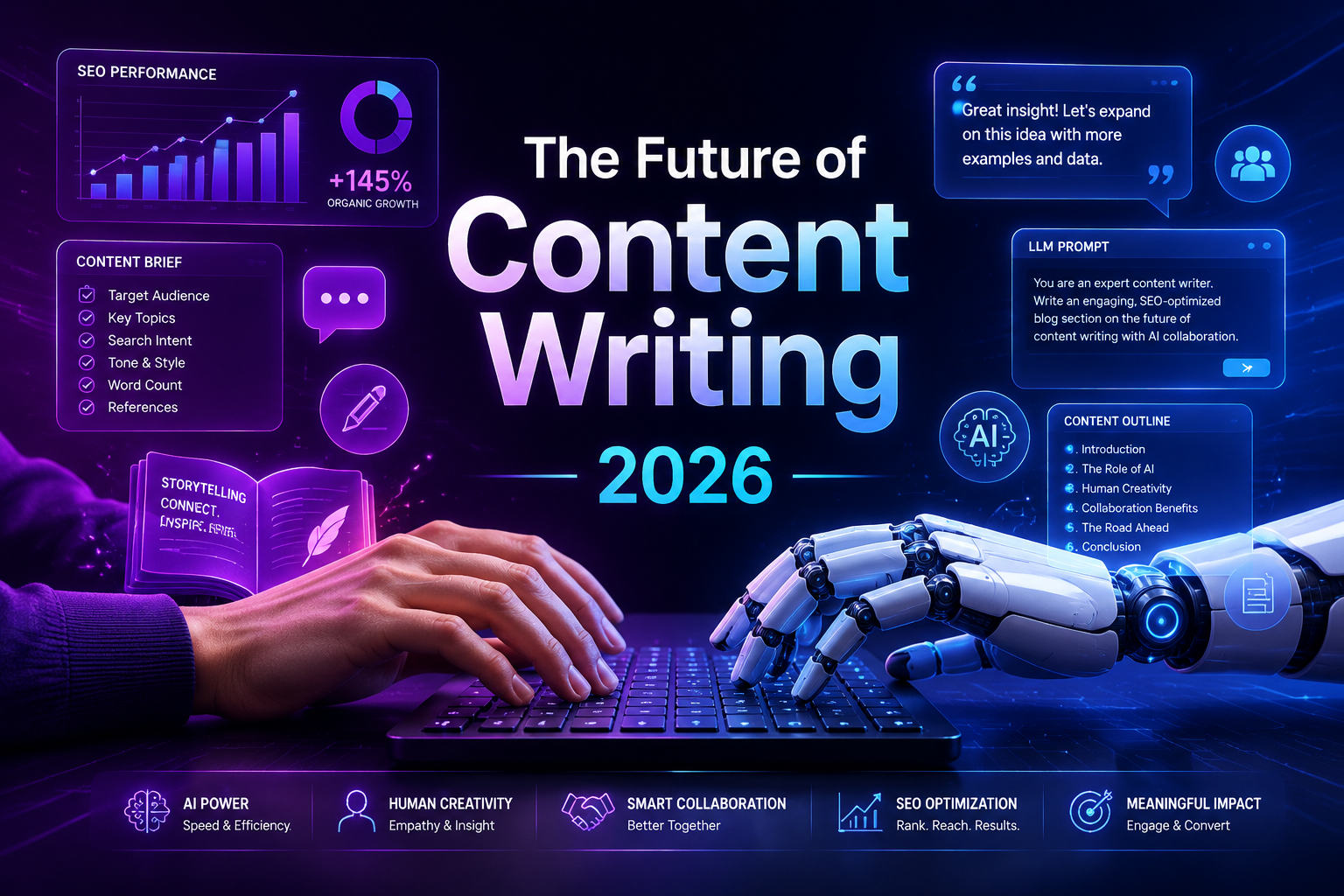 Digital illustration, graphic design style, Detailed landscape format (1536x1024) concept illustration of AI and human collaboration in content writing. A human hand and a robotic arm both typing on the same keyboard, surrounded by floating icons: SEO graphs, speech bubbles, content briefs, LLM prompt windows, and storytelling book icons. Central text overlay reads 'The Future of Content Writing 2026'. Deep purple and electric blue gradient background, futuristic but approachable editorial style, high contrast professional quality.
