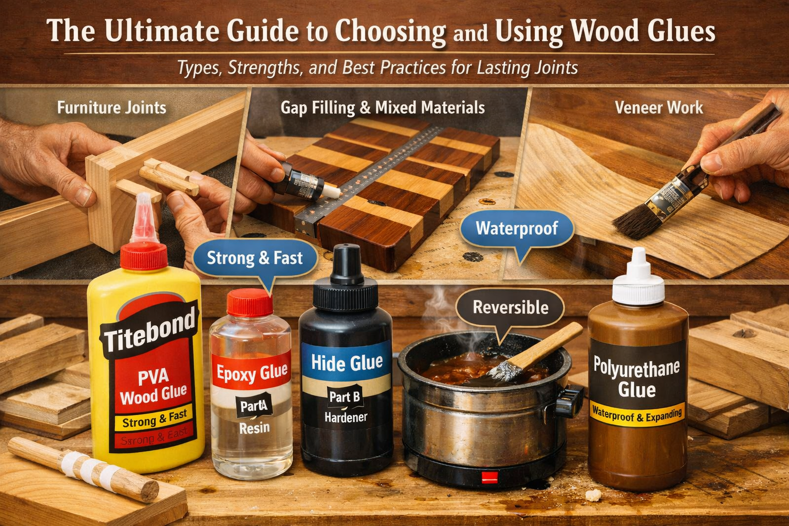 Detailed () image illustrating the diverse range of wood glues. The foreground prominently displays various open bottles and