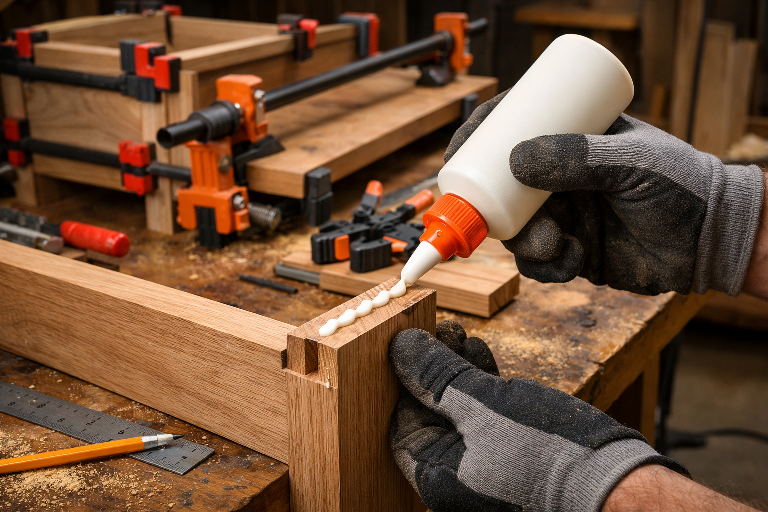 () image capturing a dynamic scene of proper wood glue application and clamping techniques. A woodworker's hands, wearing