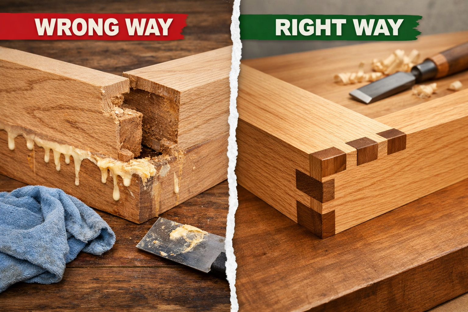Vivid () image depicting the common mistakes to avoid when using wood glues and the results of proper application. On one
