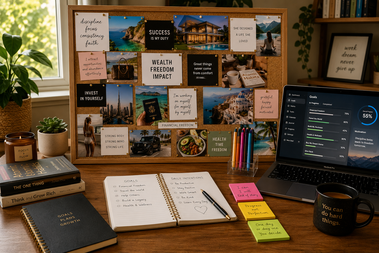 () image showing a detailed vision board on a wooden desk with photos, quotes, and goal images pinned to a cork board.