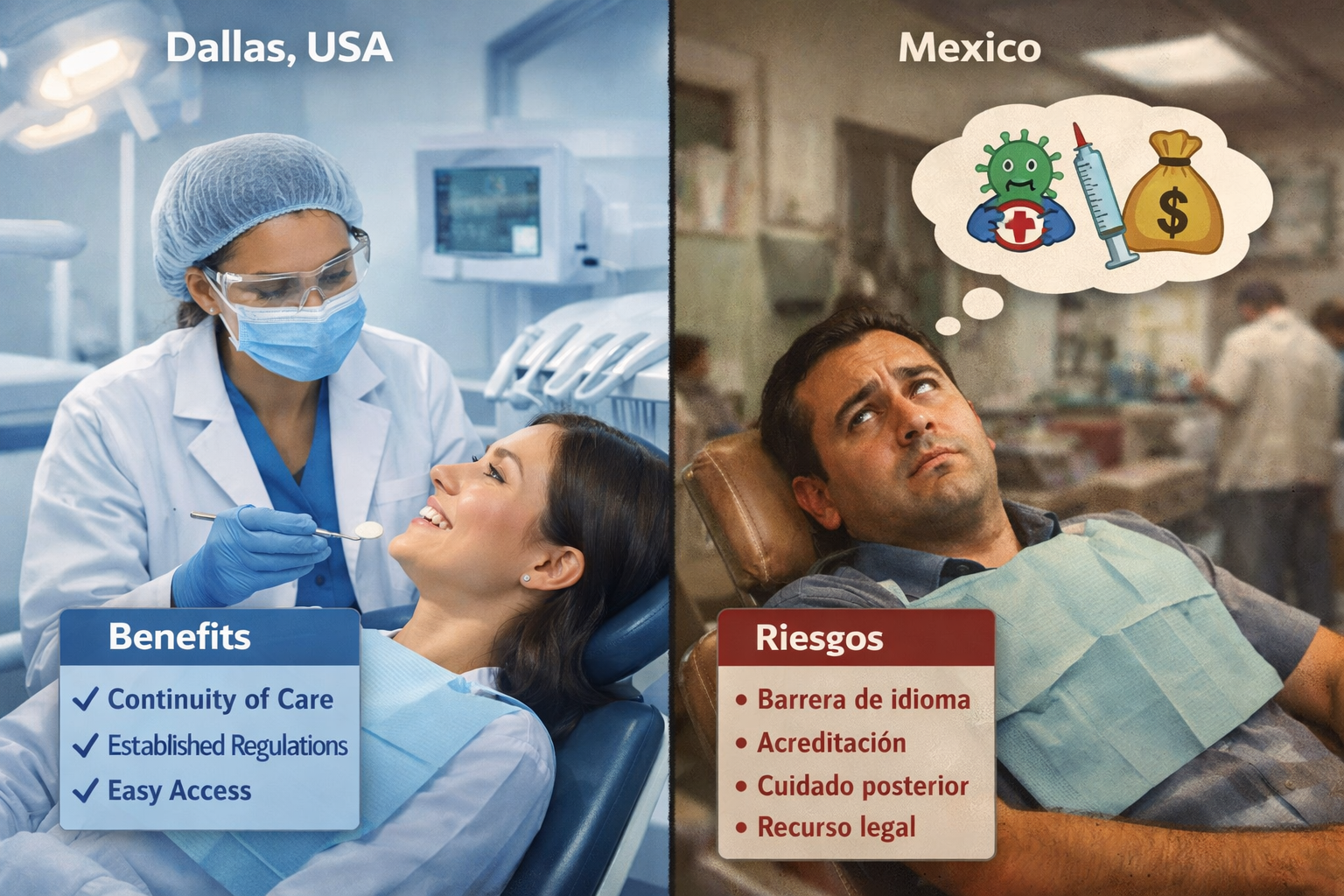 Landscape format (1536x1024) image depicting a split frame. On one side, a professional dentist in a sterile, modern Dallas clinic is examin