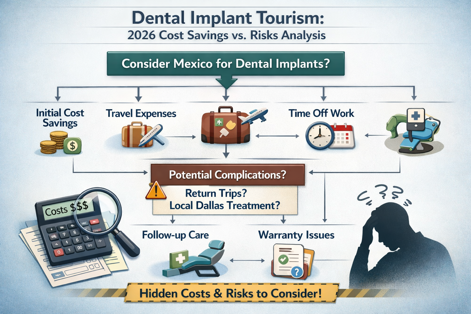 Landscape format (1536x1024) image illustrating the 'hidden costs' and complexities of dental implant tourism. The central focus is a comple
