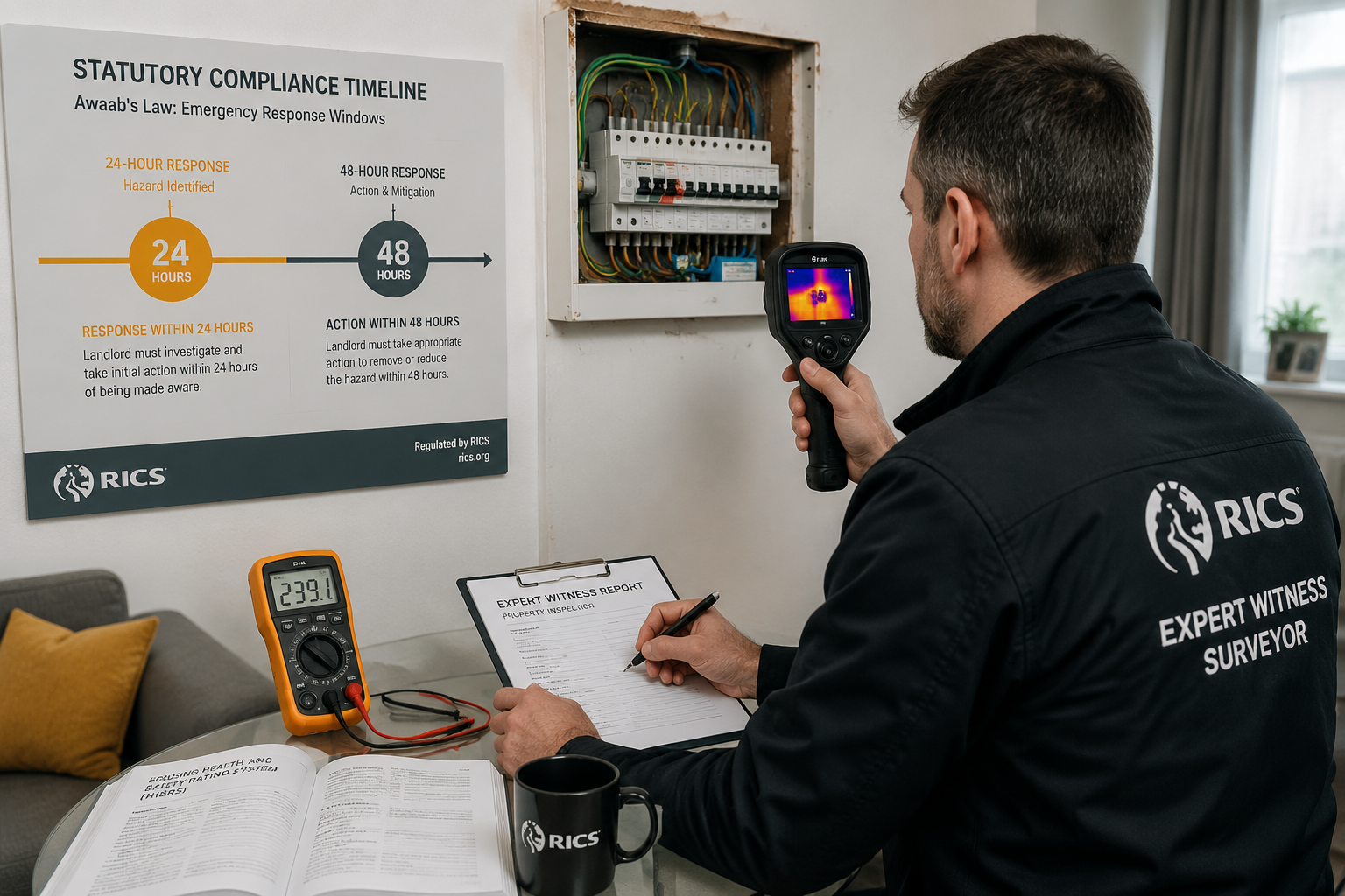 Detailed () showing a RICS-qualified expert witness surveyor in a social housing flat examining an exposed electrical