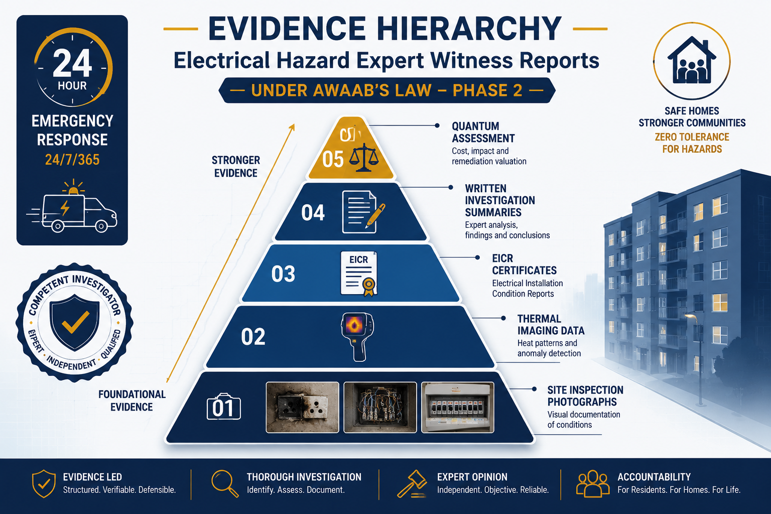 () infographic-style illustration showing a structured evidence hierarchy pyramid for electrical hazard expert witness