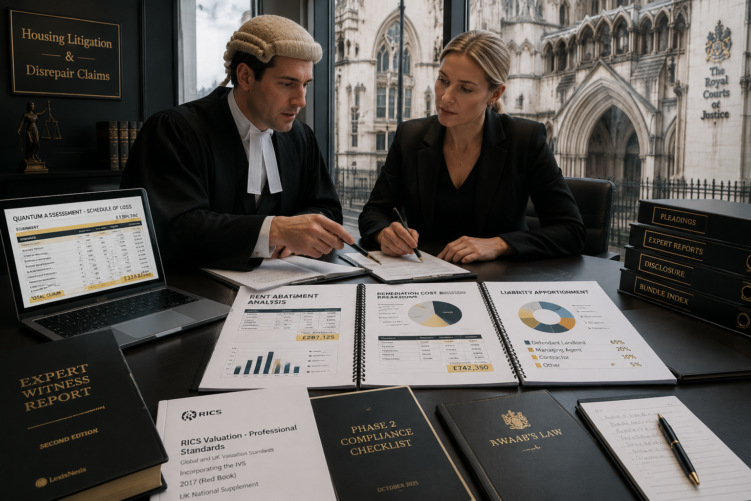 () showing a formal legal dispute scene: a barrister and housing solicitor reviewing a detailed quantum assessment