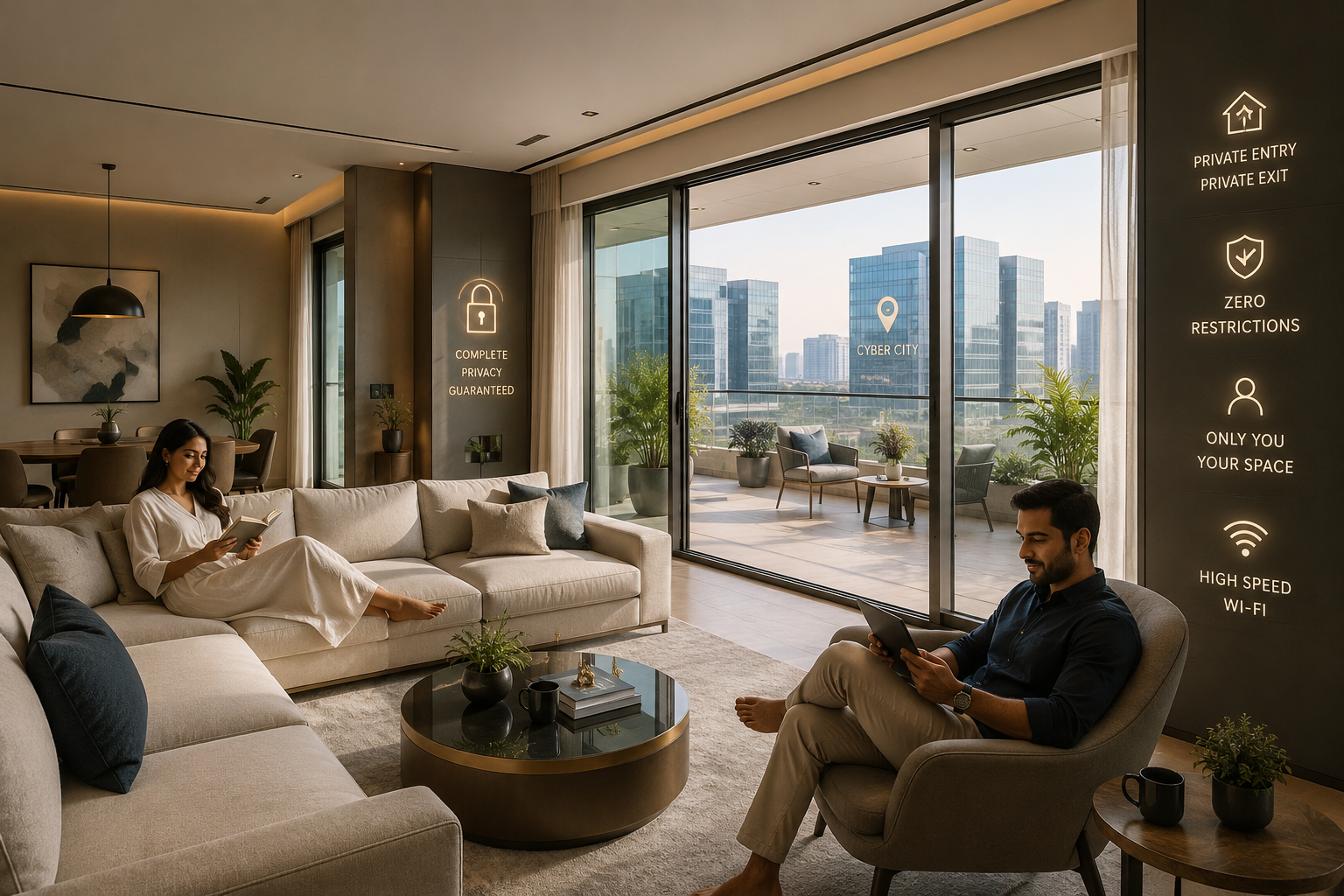 A sophisticated and serene () image highlighting the unique benefits of a private, automated Airbnb in Cyber City. The