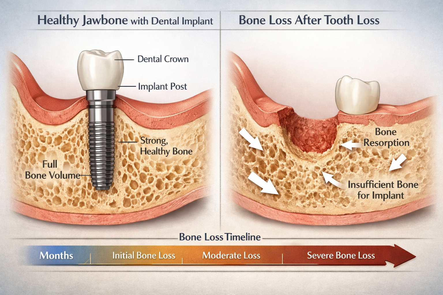 () image illustrating the causes and impact of bone loss for dental implants. The left side shows a diagram of a healthy