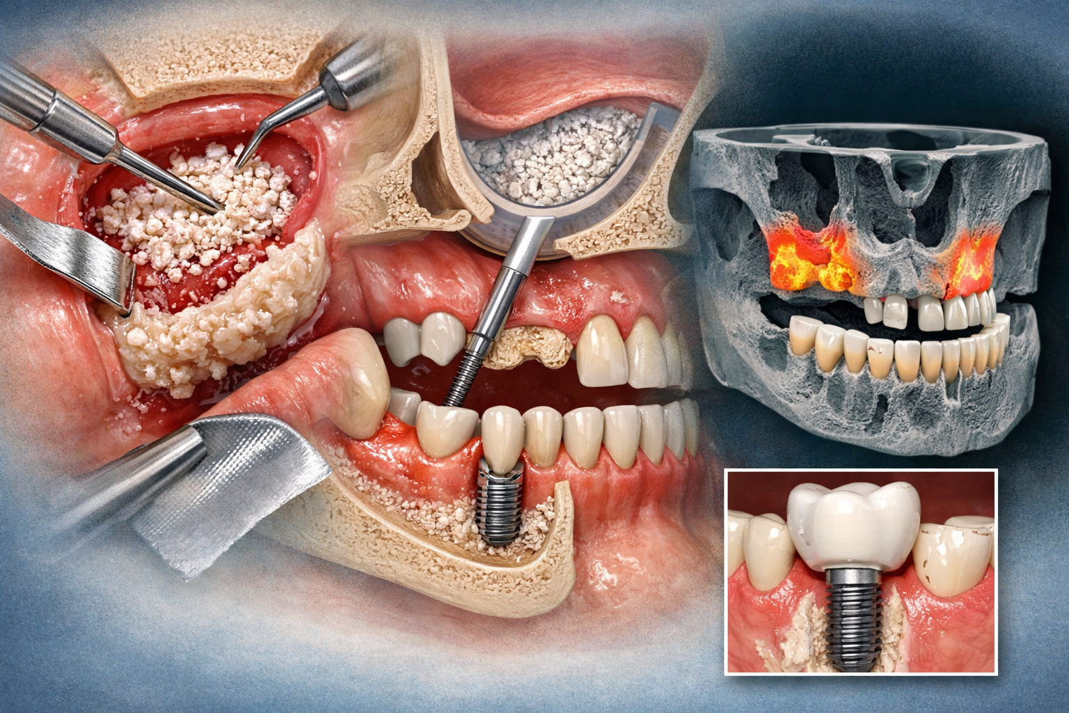 () image visualizing various solutions for bone loss and their role in facilitating dental implants. The image shows a