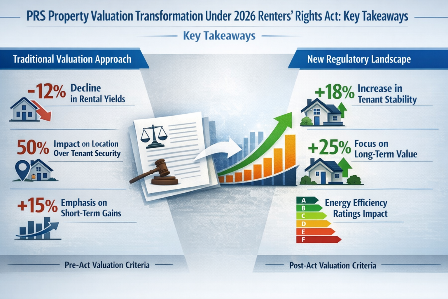 Key Takeaways section infographic visualizing PRS property valuation transformation under 2026 Renters' Rights Act.
