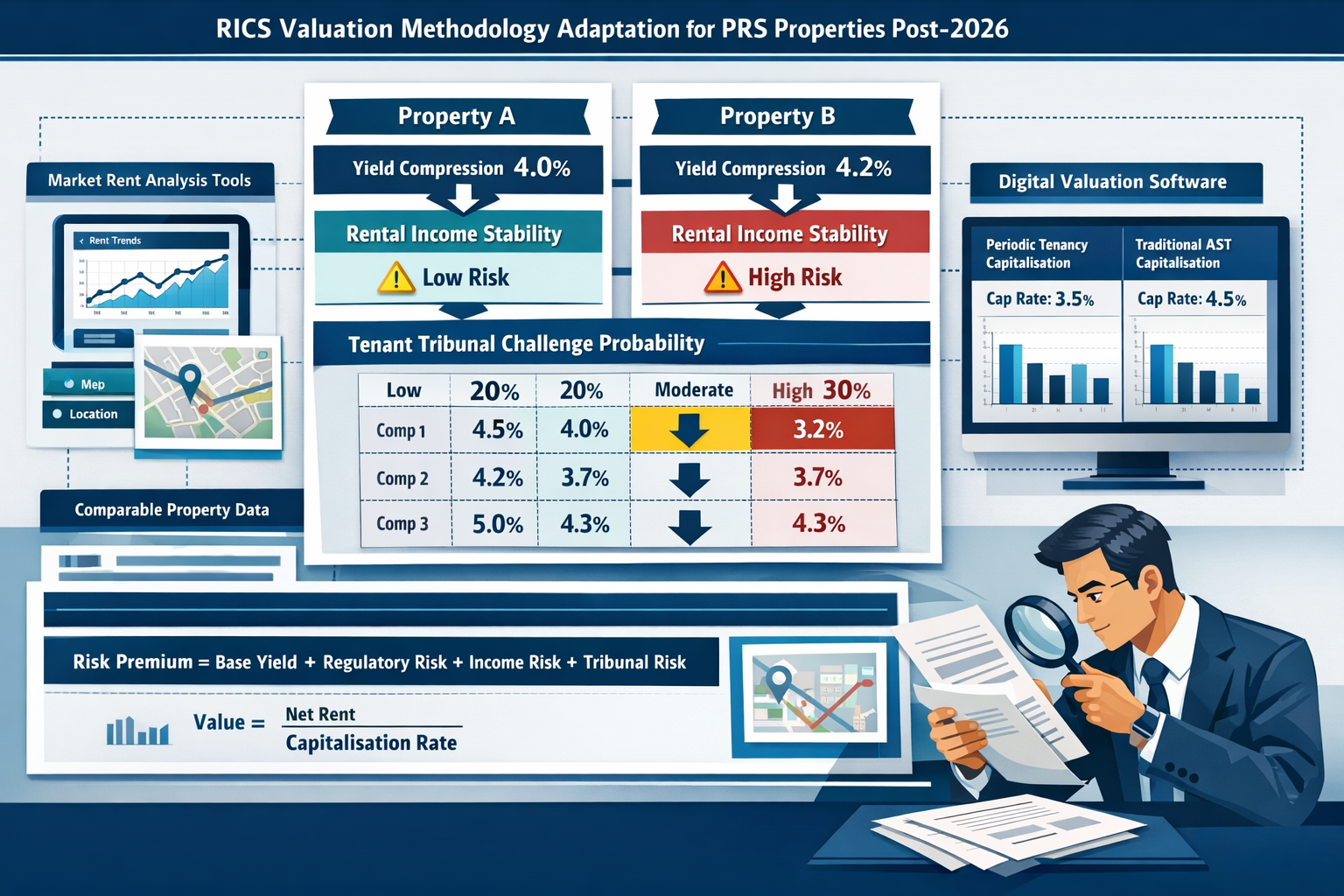 () detailed infographic showing RICS valuation methodology adaptation flowchart for PRS properties post-2026. Central focus