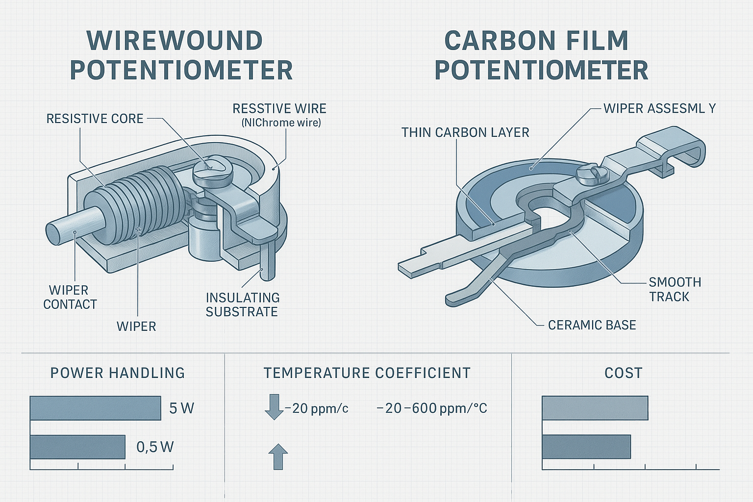 Detailed technical comparison infographic (1536x1024) showing side-by-side cutaway views of wirewound and carbon film potentiometer construc