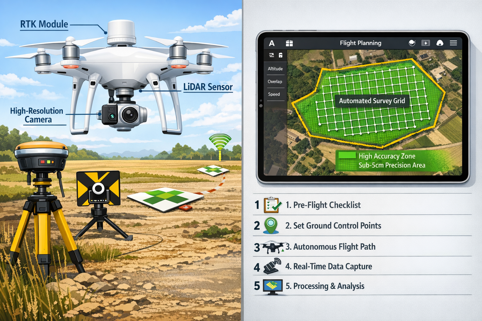 Landscape format (1536x1024) detailed illustration showing step-by-step drone surveying workflow for large-scale property projects. Split-sc