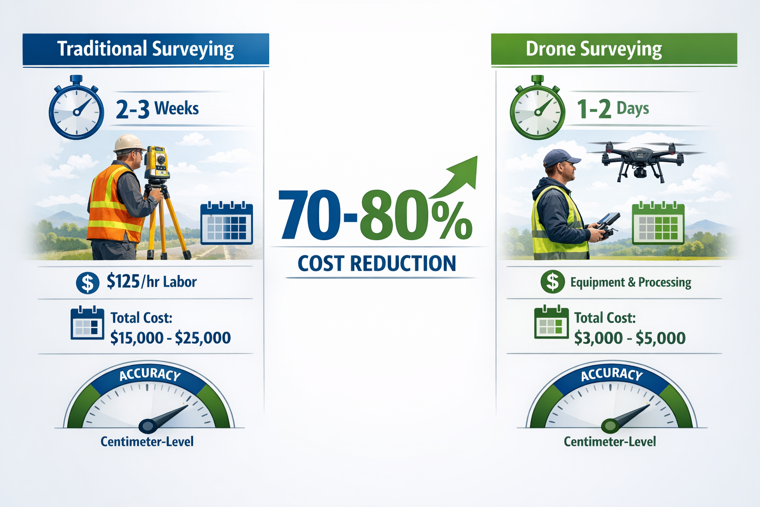 Landscape format (1536x1024) comprehensive ROI comparison infographic contrasting traditional surveying methods versus drone surveying for l