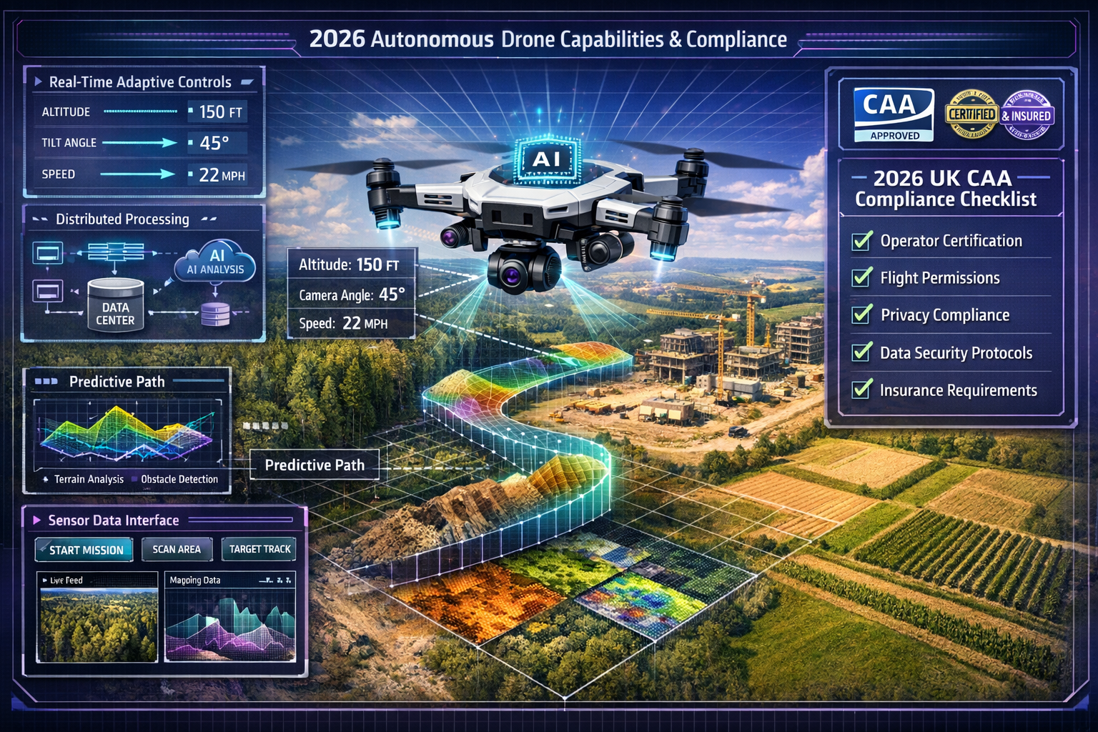 Landscape format (1536x1024) technical illustration demonstrating 2026 autonomous drone capabilities and regulatory compliance framework. Ma