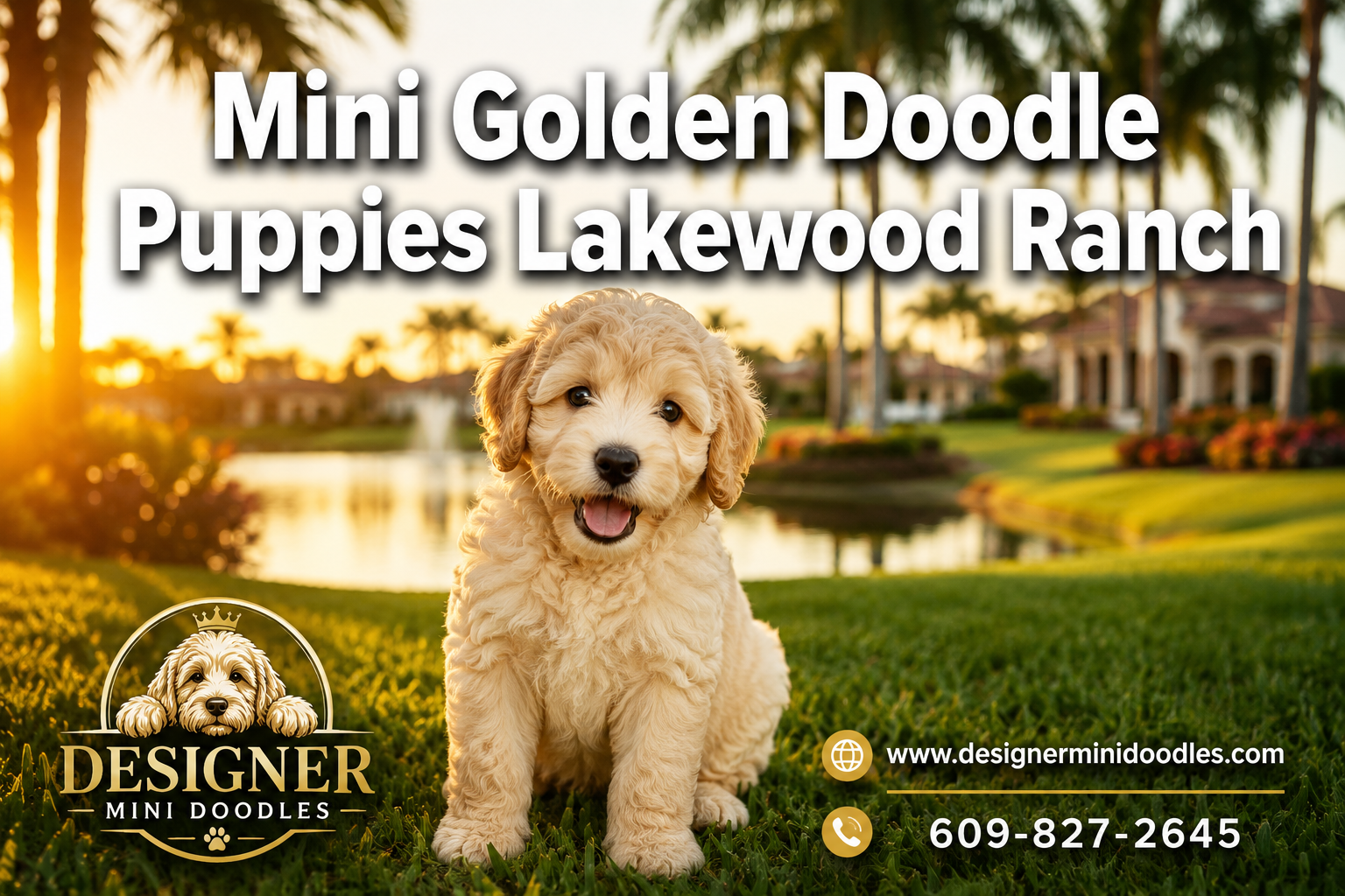 Professional () hero image with : 'Mini Golden Doodle Puppies Lakewood Ranch' in extra large white with dark effect,