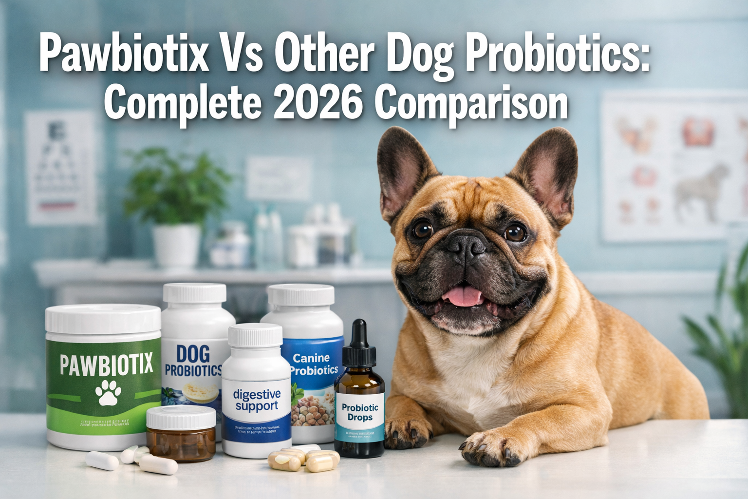 Professional landscape format (1536x1024) hero image featuring bold text overlay 'Pawbiotix Vs Other Dog Probiotics: Complete 2026 Compariso
