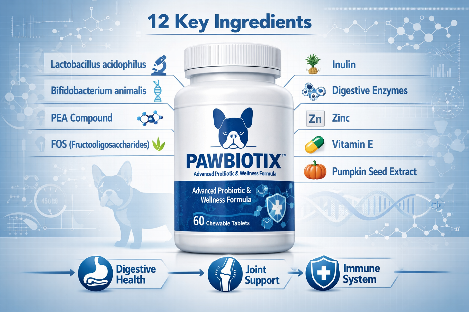 Portrait format (1024x1536) detailed infographic showing Pawbiotix supplement bottle prominently displayed with ingredient breakdown chart f