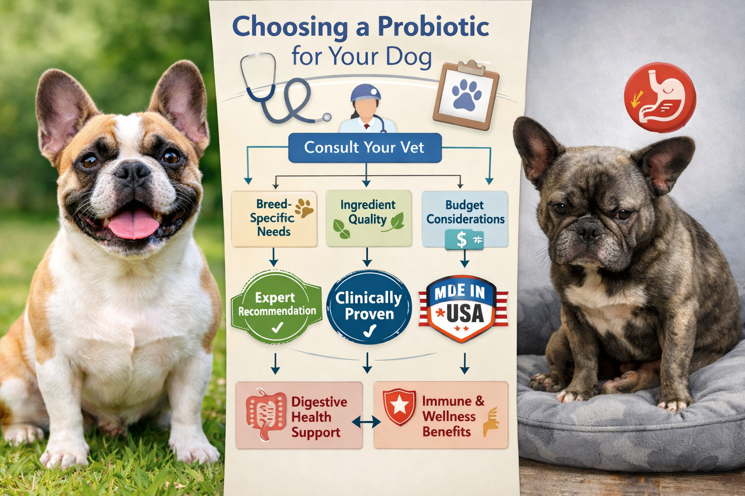 Portrait format (1024x1536) split-screen image showing happy, healthy French Bulldog on left side with vibrant coat and alert expression, co