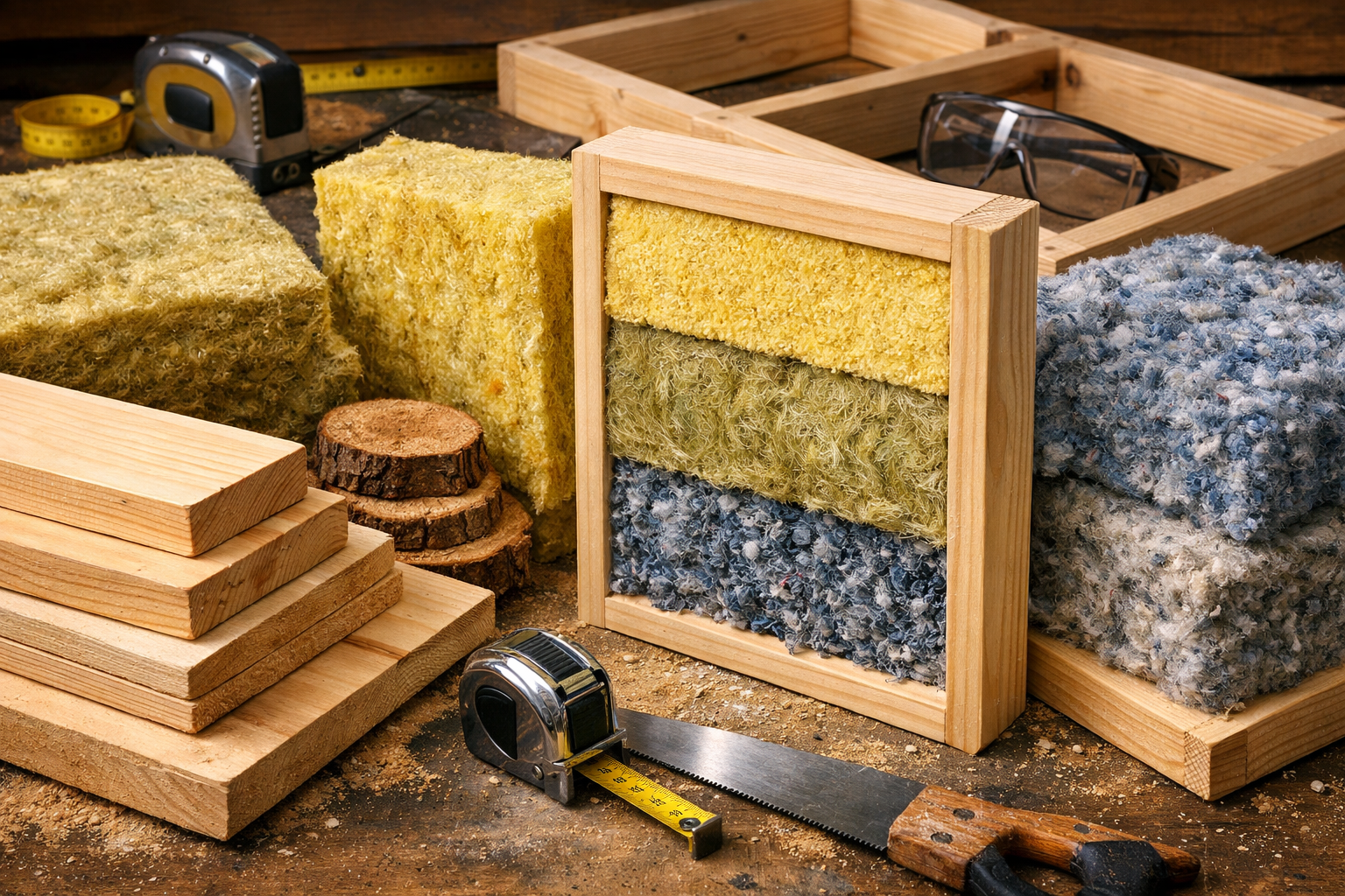 A close-up, detailed landscape image () showcasing various types of raw wood materials and sound-absorbing fillings like