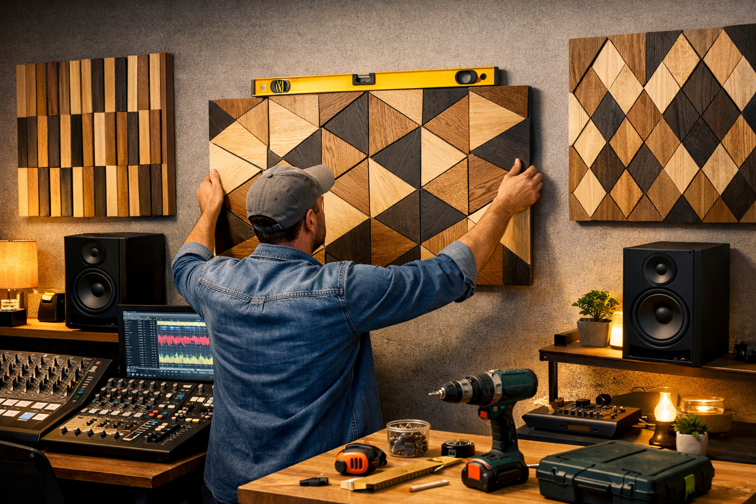 A dynamic landscape image () from a slightly elevated perspective, illustrating a homeowner in a well-lit home studio,
