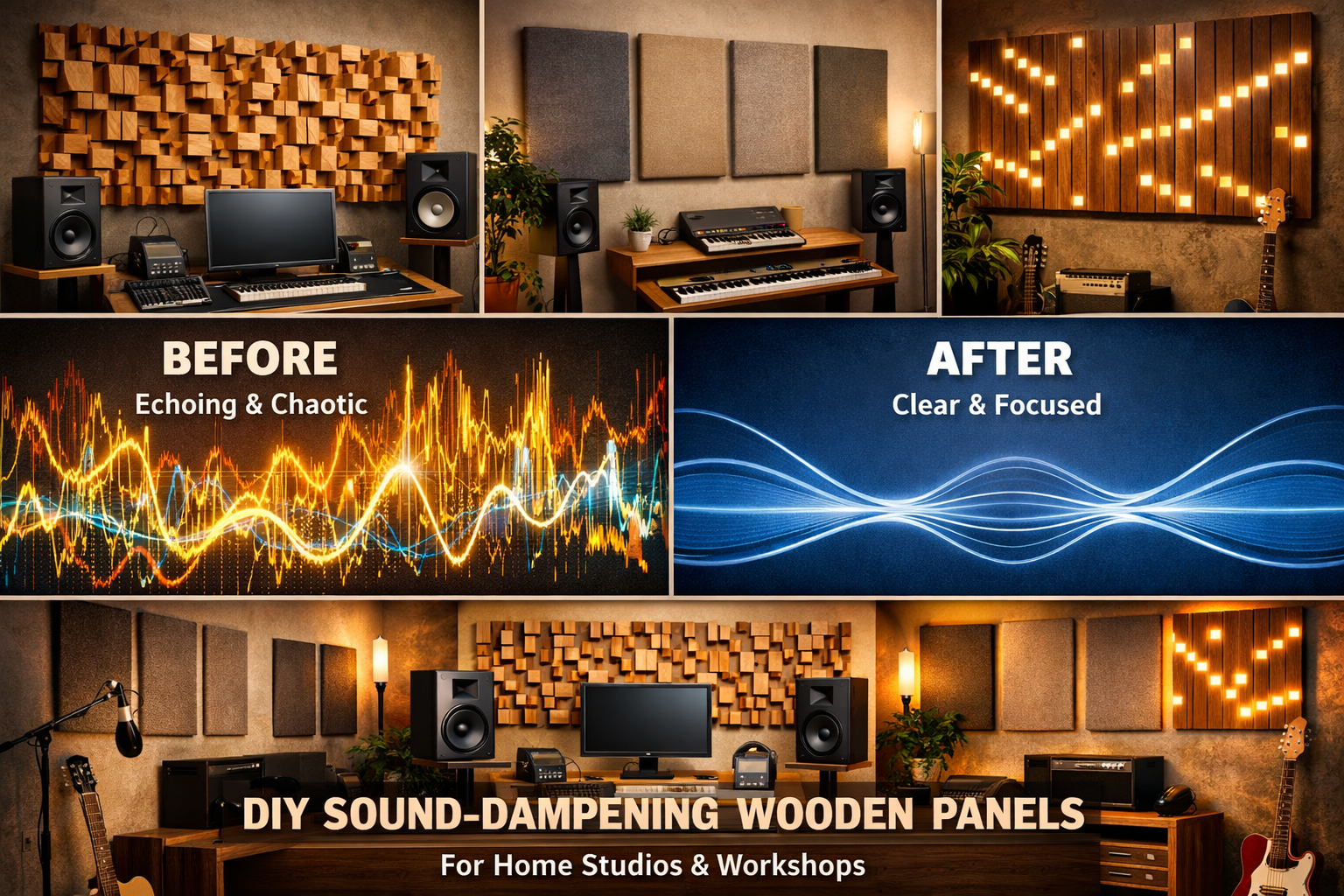 A visually engaging landscape image () presenting a collage of finished DIY sound-dampening wooden panels in diverse custom