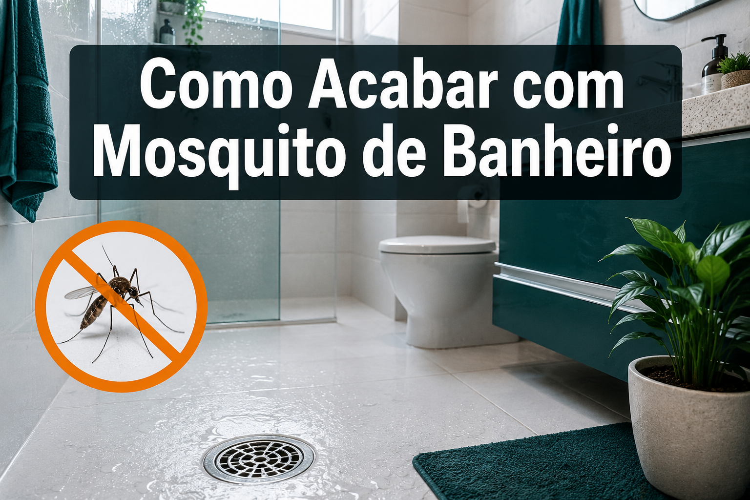 Professional () hero image with 'Como Acabar com Mosquito de Banheiro' in extra large white with dark semi-transparent