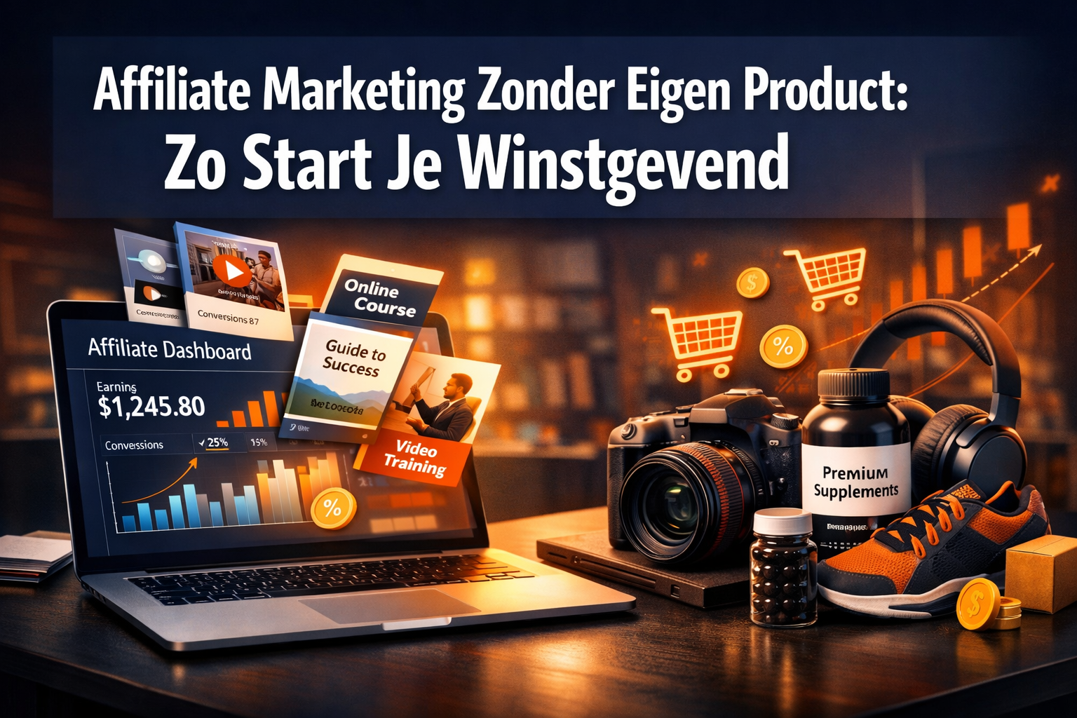 Professional landscape format (1536x1024) hero image featuring bold text overlay 'Affiliate Marketing Zonder Eigen Product: Zo Start Je Wins
