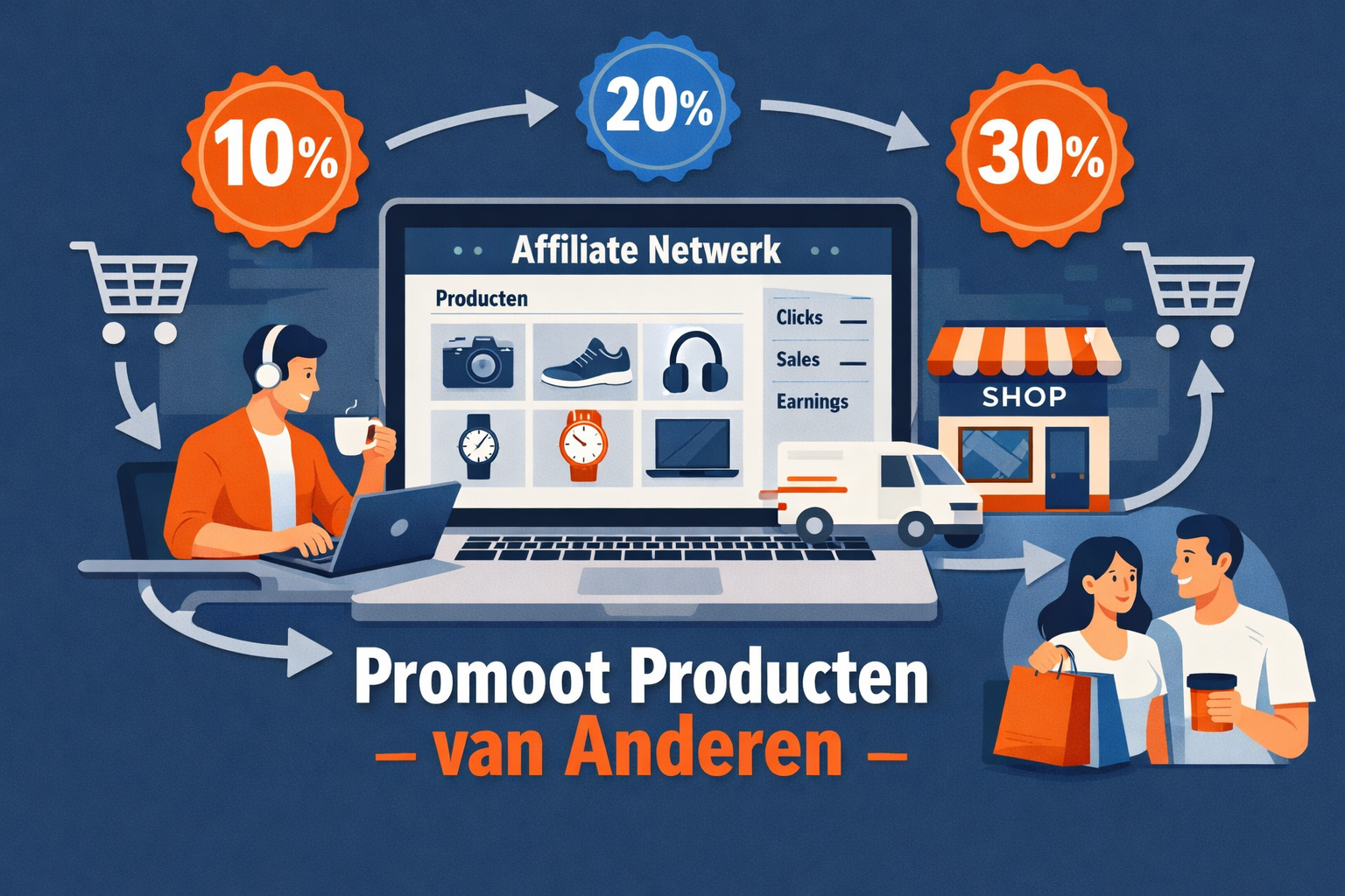 Landscape format (1536x1024) editorial illustration showing affiliate marketing ecosystem without product ownership. Central figure: laptop 